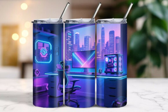 Futuristic RGB Gaming Setup Tumbler: A Custom Wrap Design for Your Gaming Station