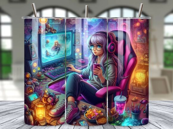 Gamer Girl Gaming Setup Tumbler Wrap PNG Design