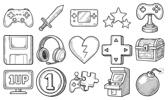 HandDrawn Retro Gaming Icon Set