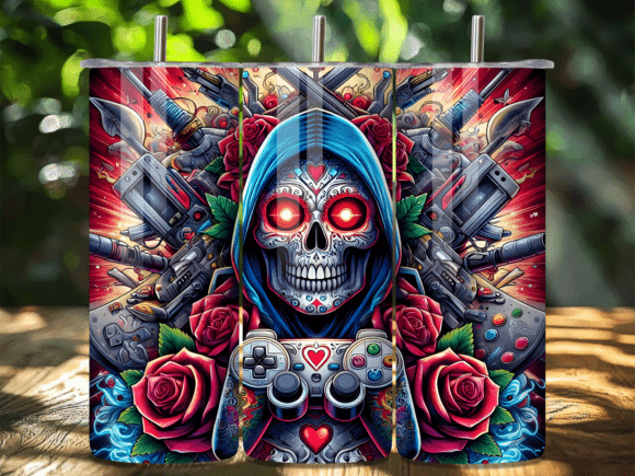 Hooded Skull Gun Roses Gaming Tumbler Design