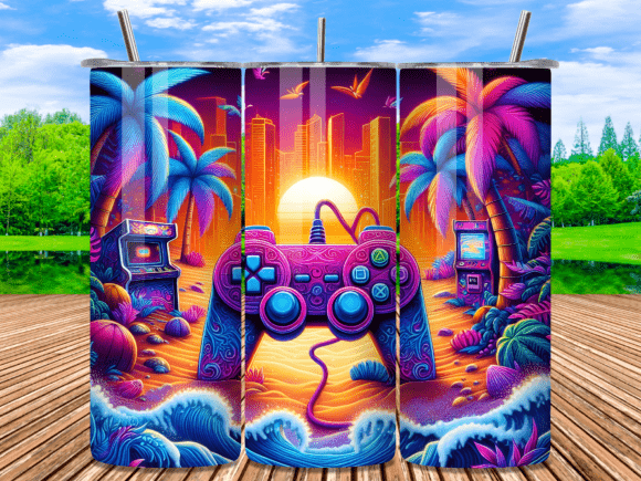 Neon Sunset Gaming Beach Tumbler Wrap – Where Coastal Aesthetic Meets Player Culture
