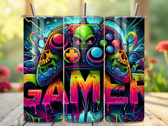 Skull Gaming Controller Neon Tumbler Design for Creators